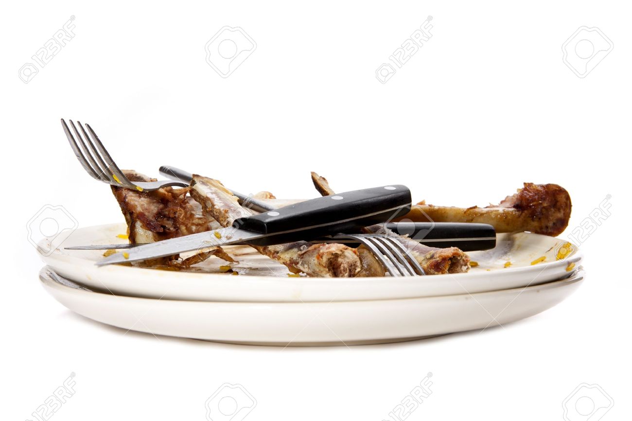 A stack of dirty plates with bones. - 8455519 A stack of dirty plates with bones. - 8455519