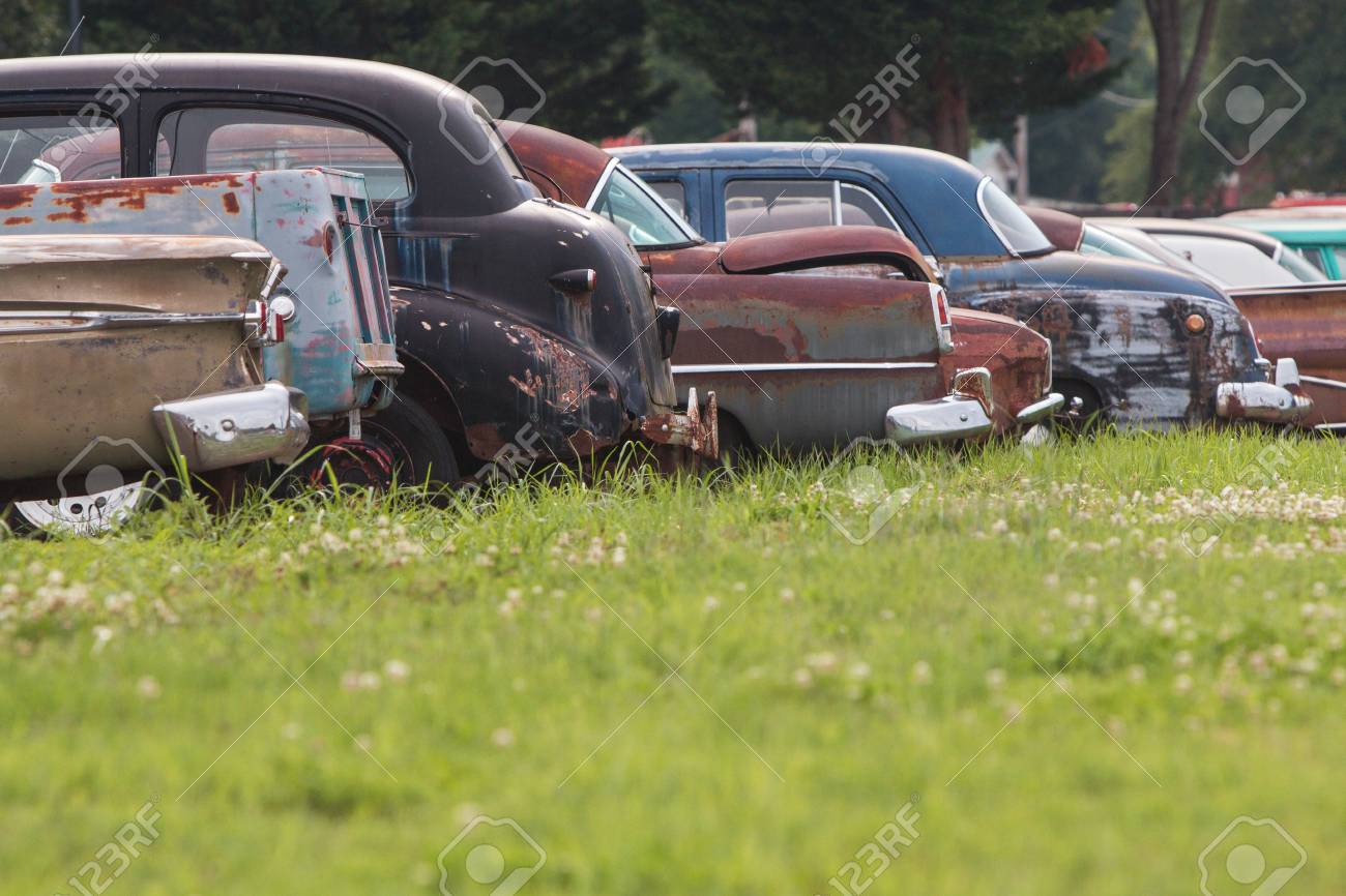 Rusted Antique Cars Sit Lined Up In A North Georgia Auto Junkyard Stock Photo Picture And Royalty Free Image Image 88311144