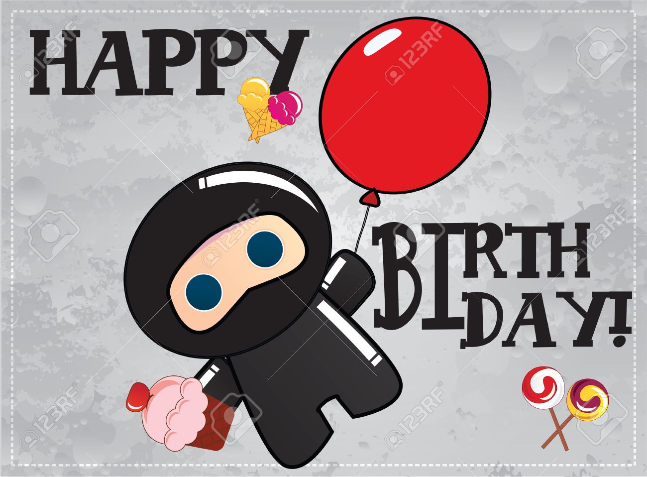 Happy Birthday Card With Cute Cartoon Ninja Character Vector Royalty Free Cliparts Vectors And Stock Illustration Image