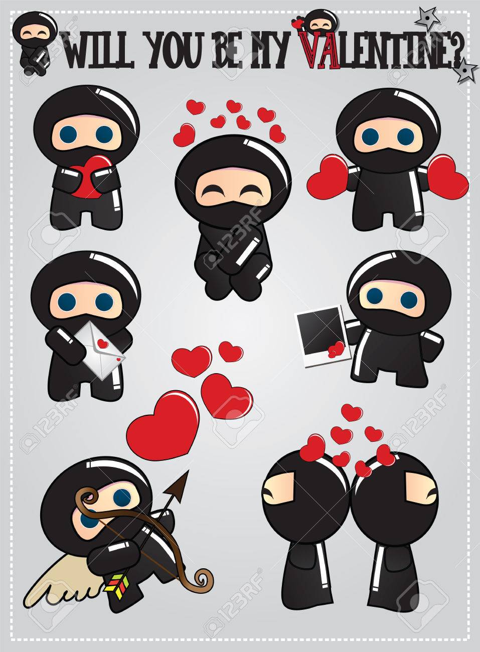 かわいい忍者のコレクションの文字を保持しているベクトルの心とバレンタインの日に愛のメッセージを送信します のイラスト素材 ベクタ Image