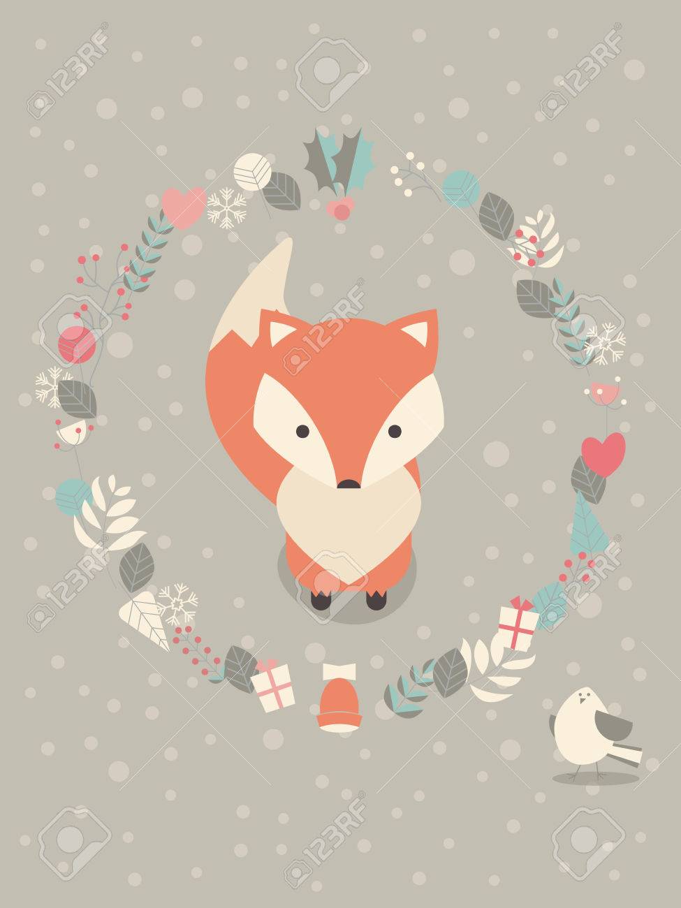 Mignon Noel Bebe Renard Entoure De Decoration Florale Illustration Vectorielle Clip Art Libres De Droits Vecteurs Et Illustration Image