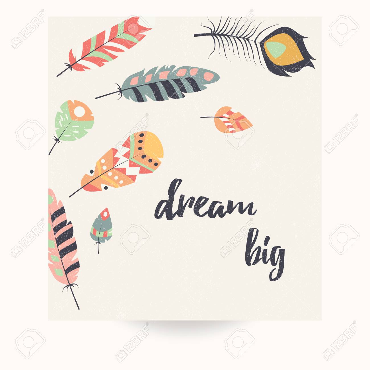 Conception Carte Postale Avec Citation Inspiree Et De Plumes Colorees Boheme Illustration Vectorielle Clip Art Libres De Droits Vecteurs Et Illustration Image