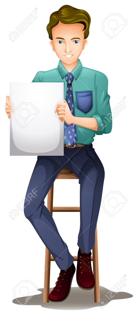 白い背景の上に空の看板を持つ高椅子に男のイラストのイラスト素材 ベクタ Image