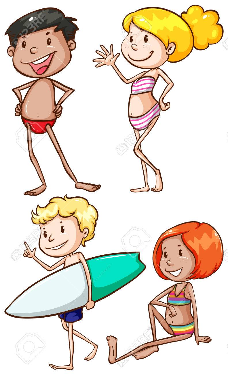 Illustration Des Dessins Simples Des Personnes à La Plage Sur Un Fond Blanc