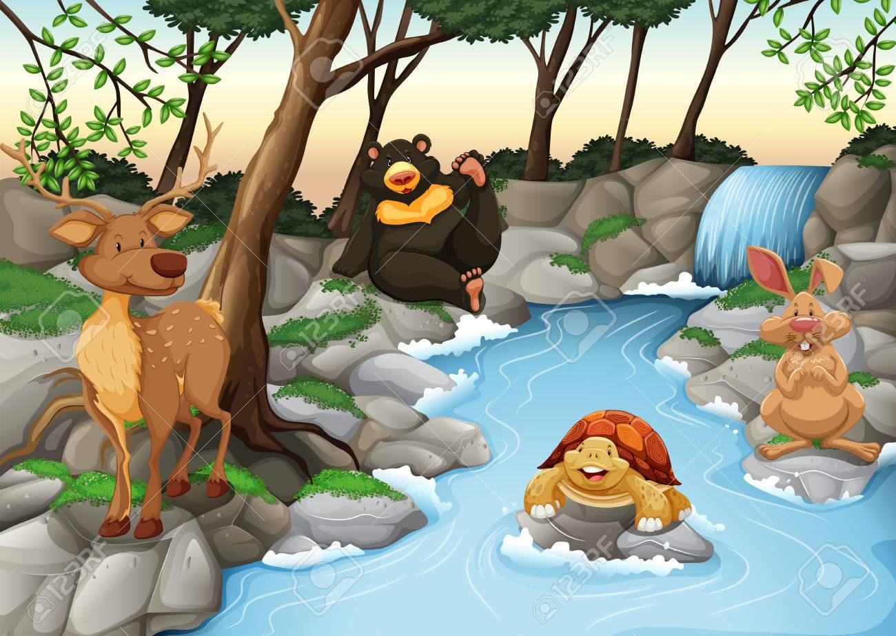 川のほとりでリラックスした動物のグループのイラスト素材 ベクタ Image