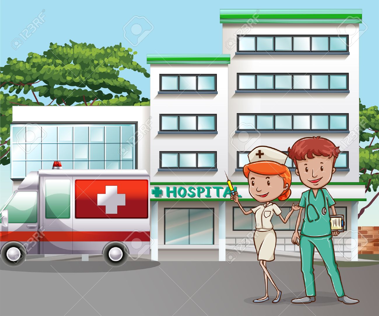医師や看護師 病院の建物でのイラスト素材 ベクタ Image