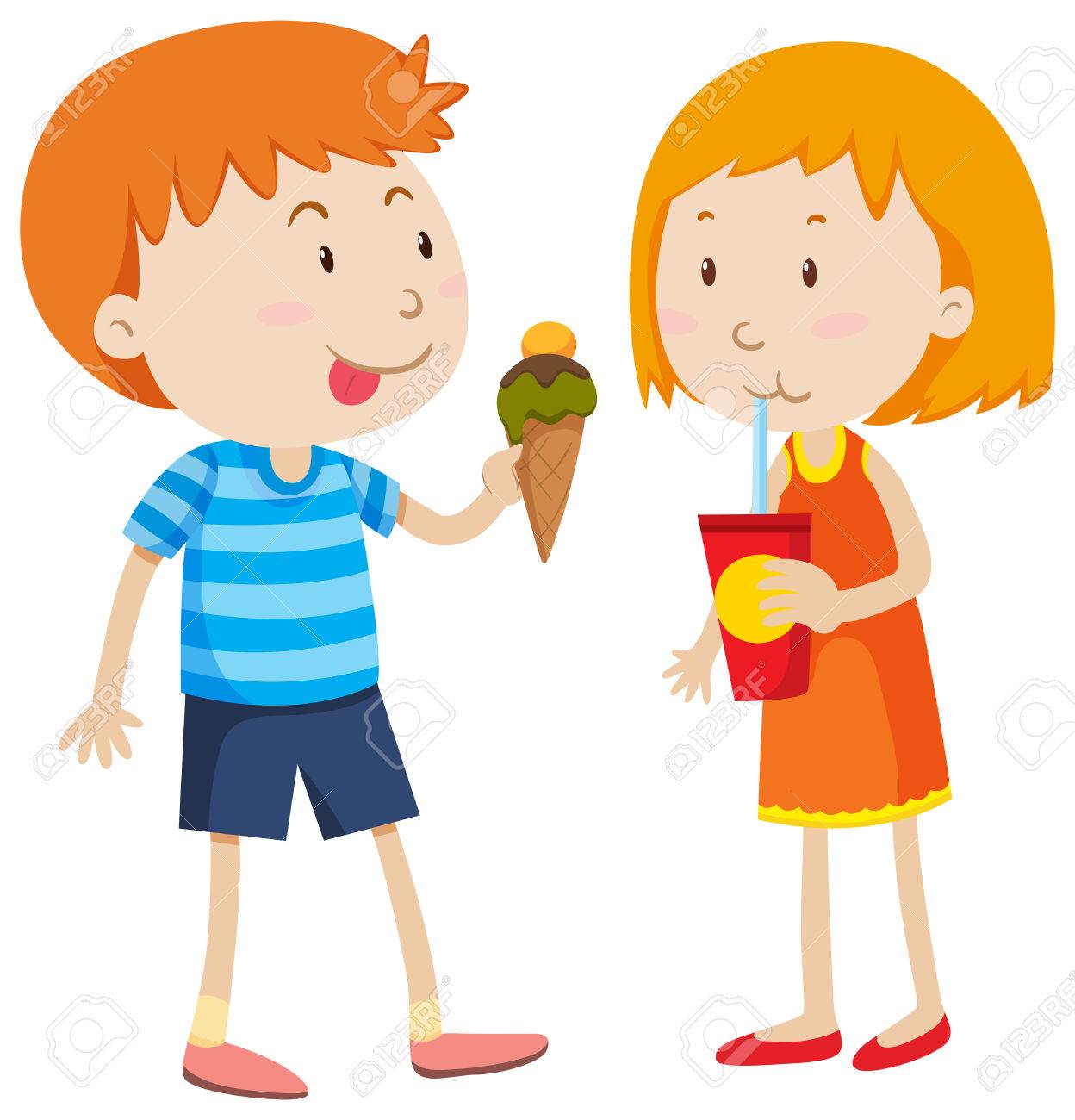 Boy Eating Icecream And Girl Drinking Illustration Stock Vector 48324694 Boy Eating Icecream And Girl Drinking Illustration Stock Vector 48324694