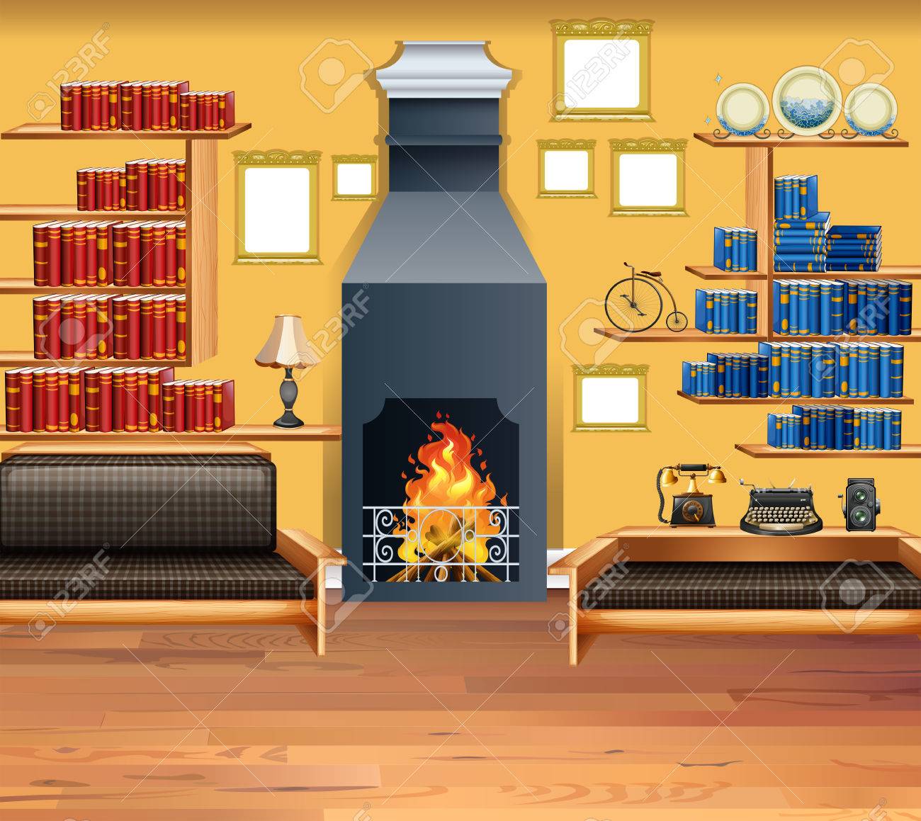 暖炉と本棚のイラスト付きのリビング ルーム のイラスト素材 ベクタ Image 暖炉と本棚のイラスト付きのリビング ルーム のイラスト素材 ベクタ Image