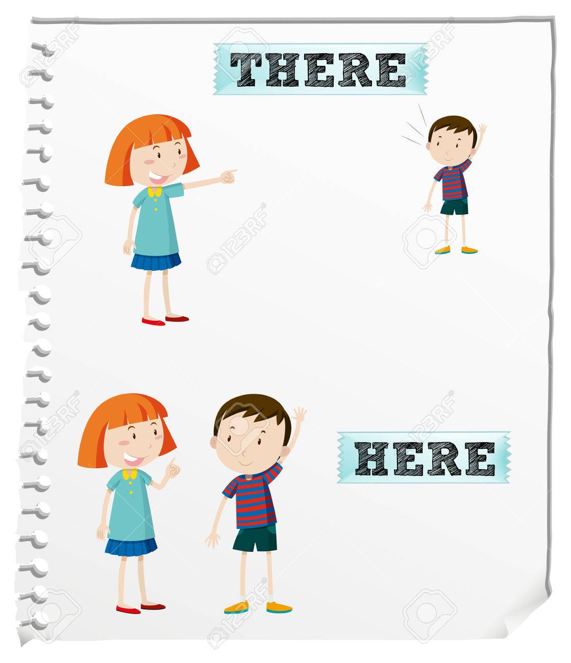 Opposite words here and there illustration - 50653150 Opposite words here and there illustration - 50653150