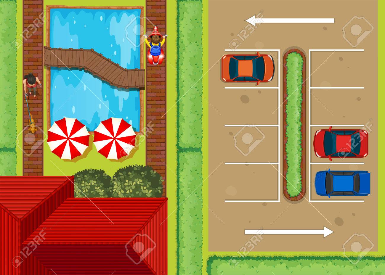 プールのイラストによる駐車場の平面図 のイラスト素材 ベクタ Image