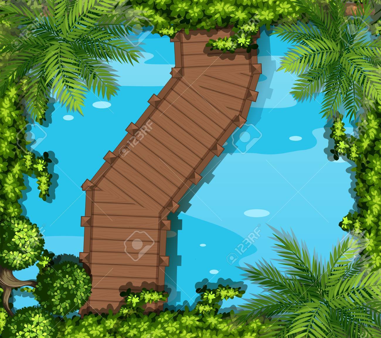 Top view of pond with bridge illustration - 52037021 Top view of pond with bridge illustration - 52037021