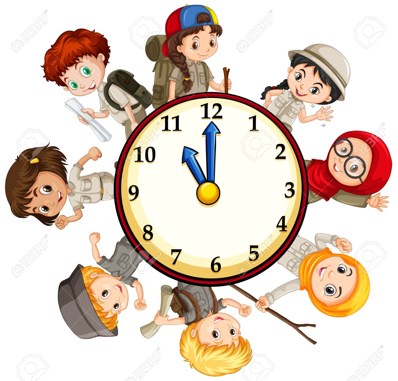 Children In Camping Uniform Around The Clock Illustration Royalty