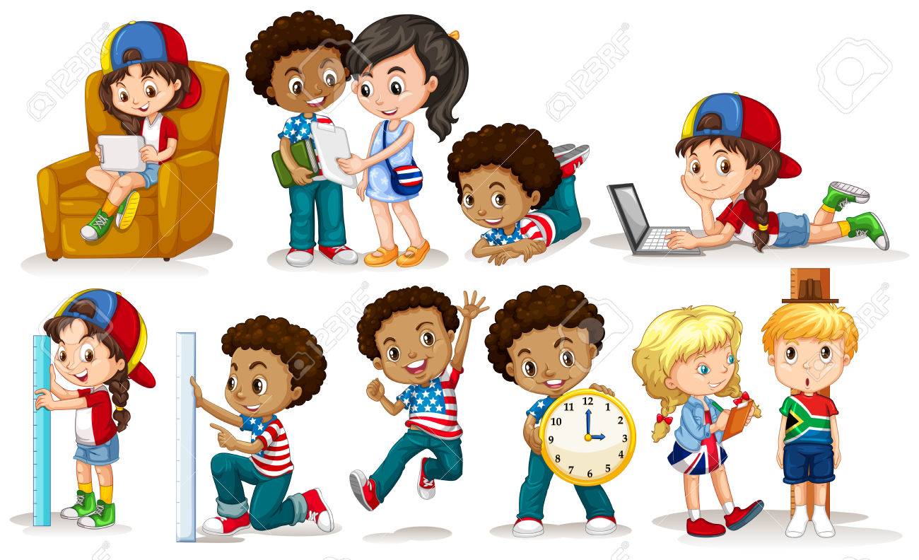 Boys And Girls Doing Different Activities Illustration Royalty Free SVG,  Cliparts, Vectors, and Stock Illustration. Image 53445551., image size:1300x792