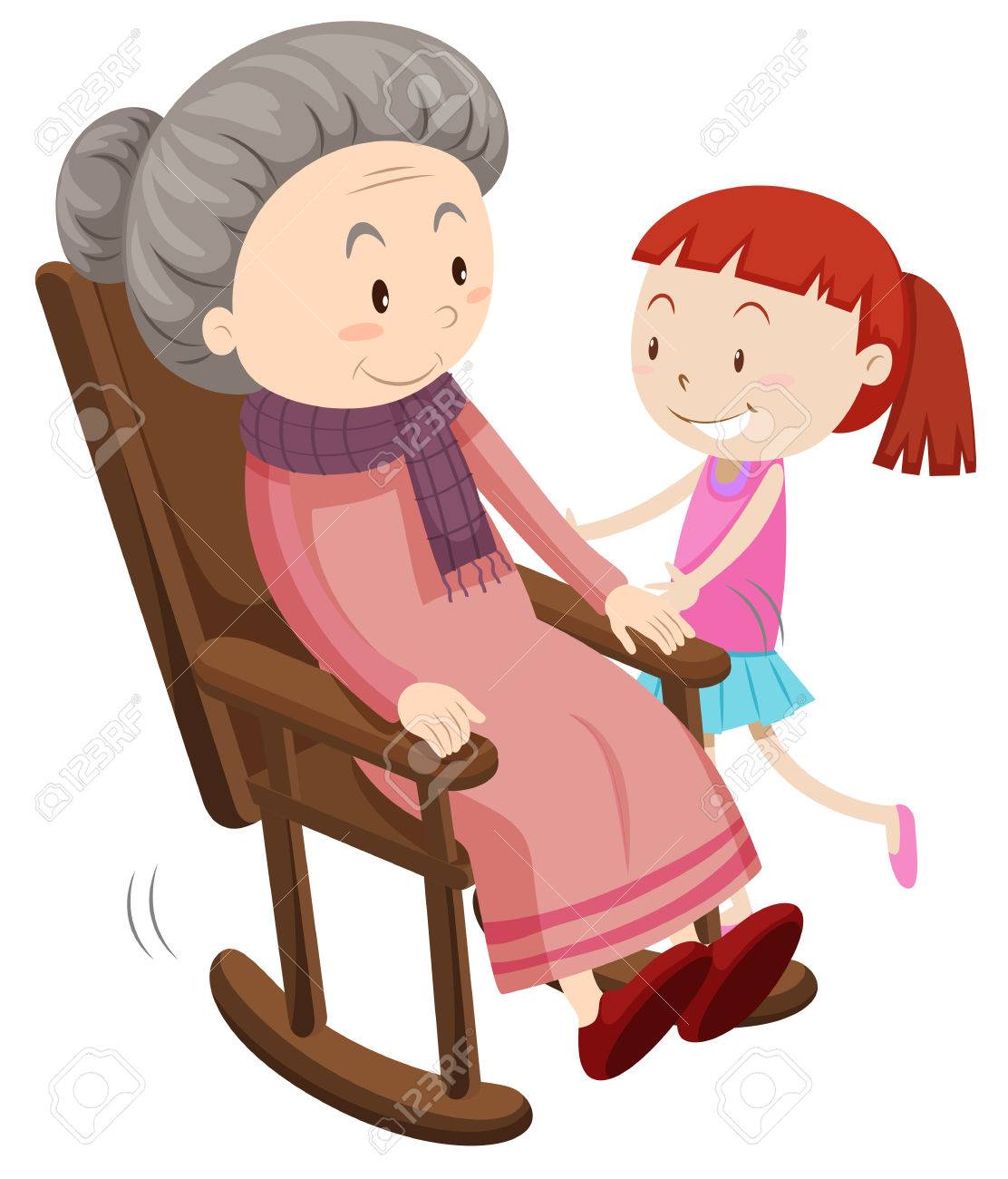 Grandmother on the rocking chair and girl illustration - 53749012 Grandmother on the rocking chair and girl illustration - 53749012
