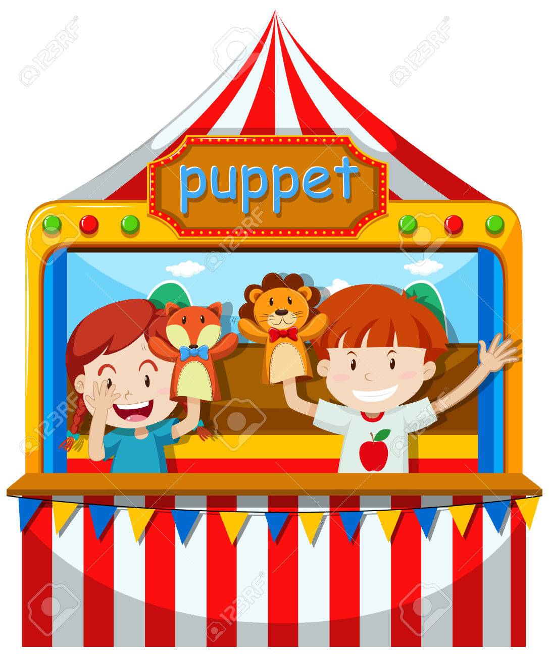 子供はステージ イラストで人形劇を実行します のイラスト素材 ベクタ Image