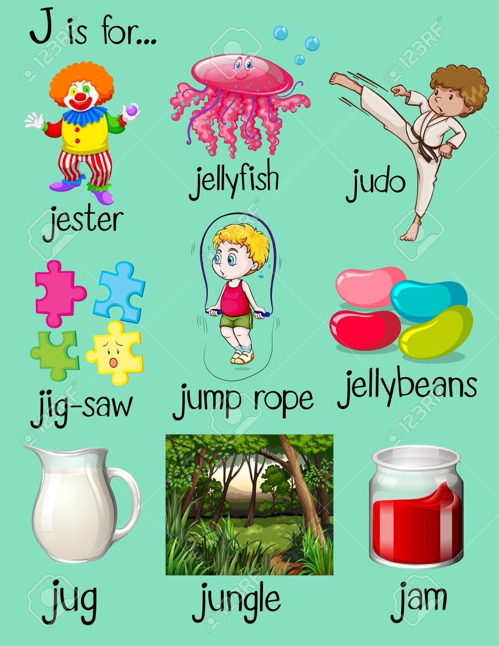 多くの単語で始まる手紙 J 図 のイラスト素材 ベクタ Image