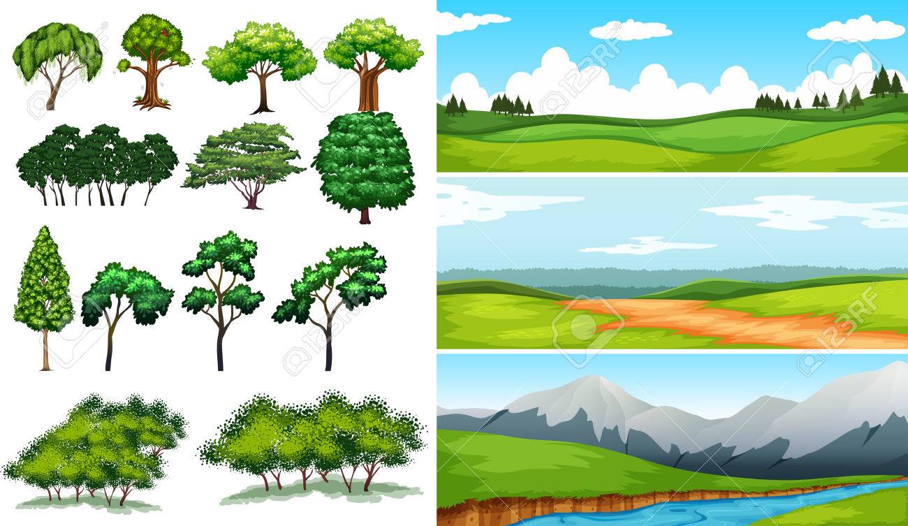 フィールドと Mountians イラスト 自然の風景 のイラスト素材 ベクタ Image