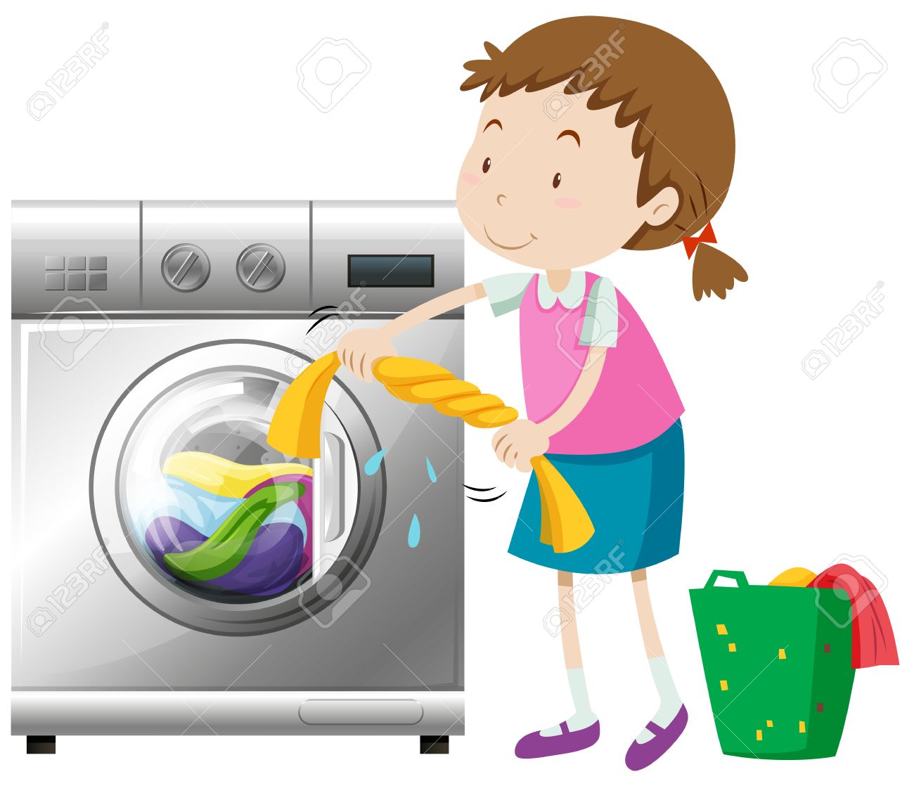 Girl doing laundry with washing machine illustration - 60662318 Girl doing laundry with washing machine illustration - 60662318
