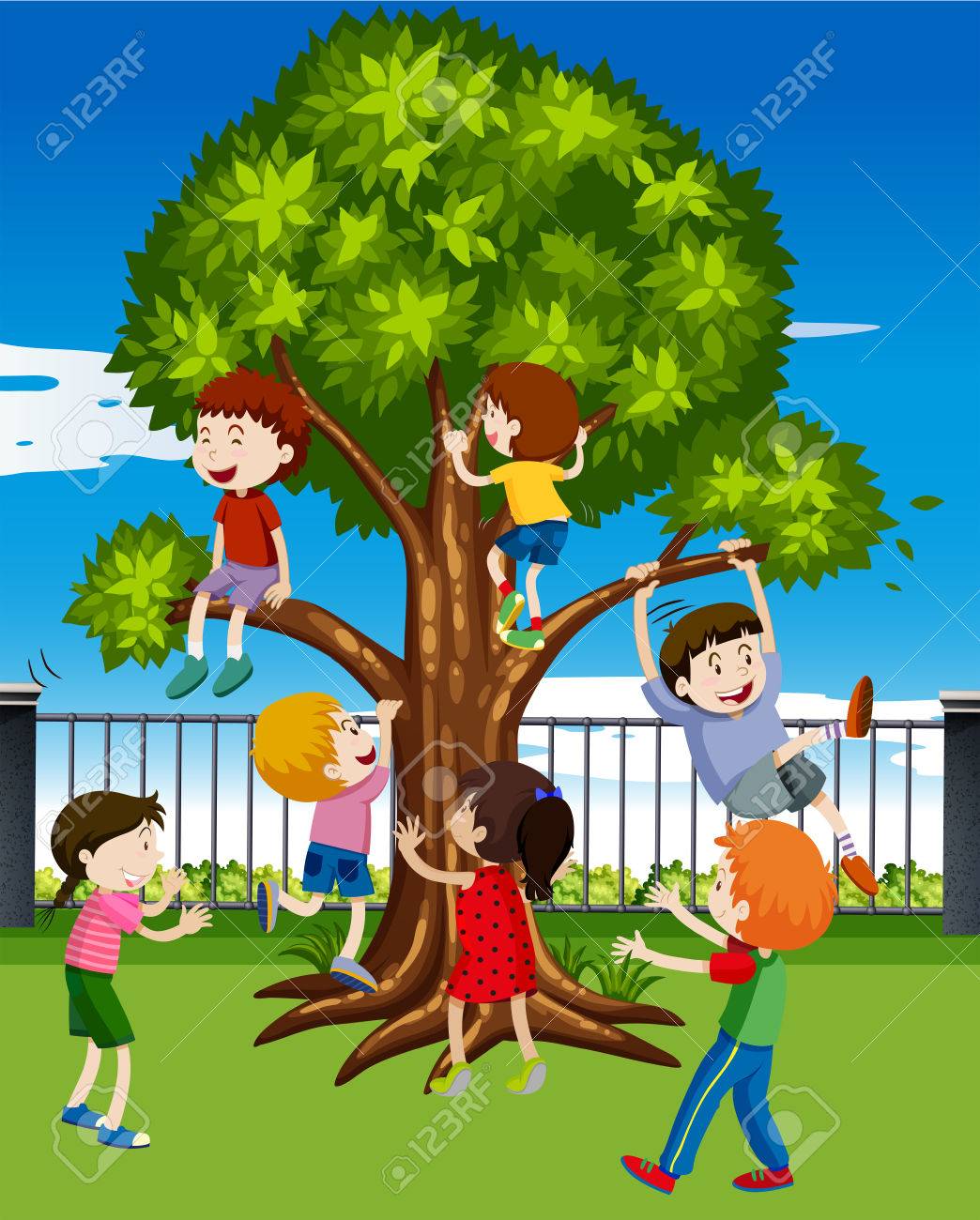 Children climbing the tree in the park illustration - 61180440