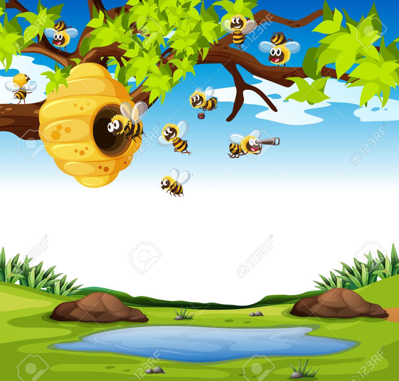Bees flying in the garden illustration