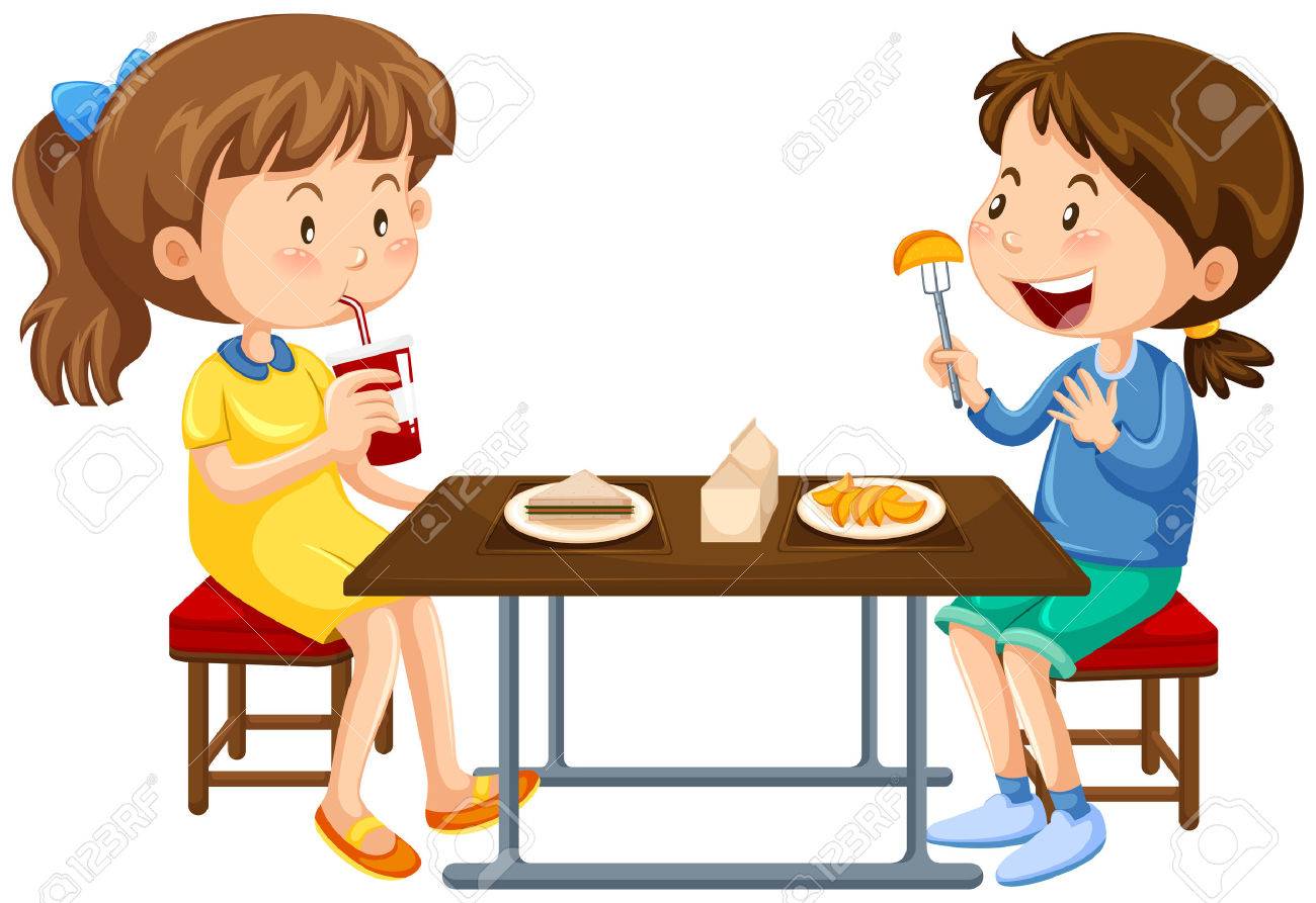 Two girls eating on picnic table illustration - 71260626 Two girls eating on picnic table illustration - 71260626