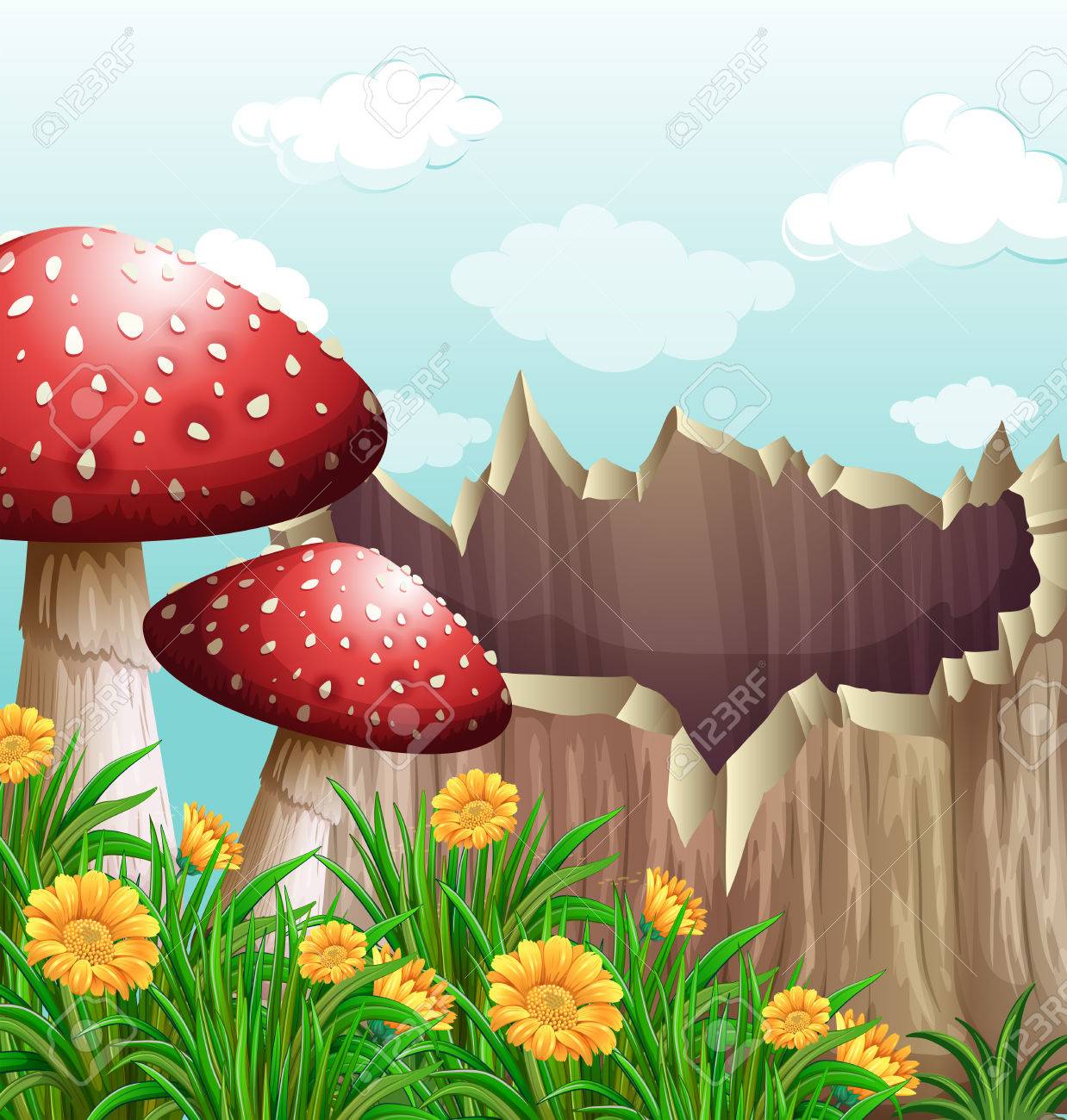 キノコとログ イラスト自然シーンのイラスト素材 ベクタ Image