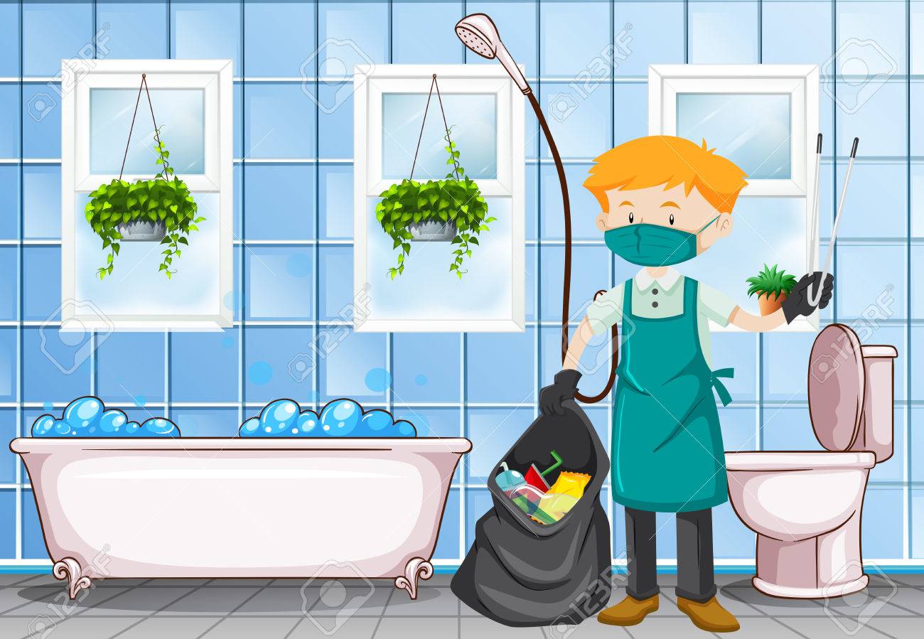 Male Janitor Cleaning The Toilet Illustration 免版稅剪貼畫，向量插圖和庫存圖片. Image  72836837