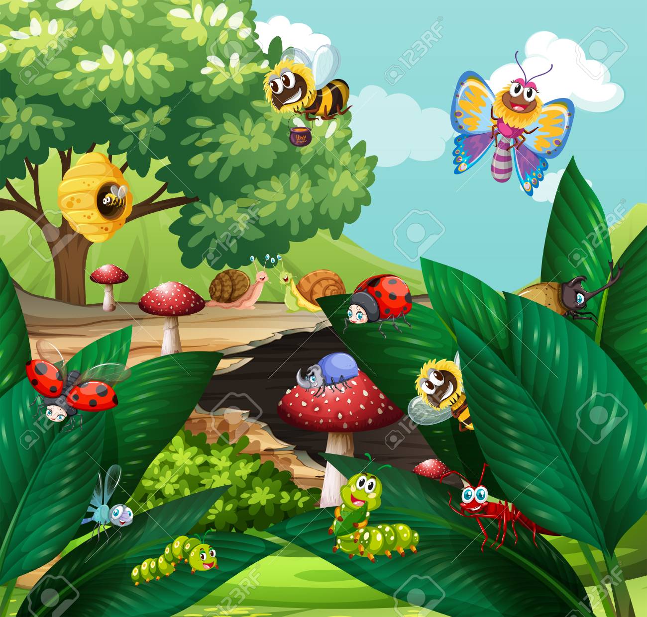 Different types of insects in garden illustration