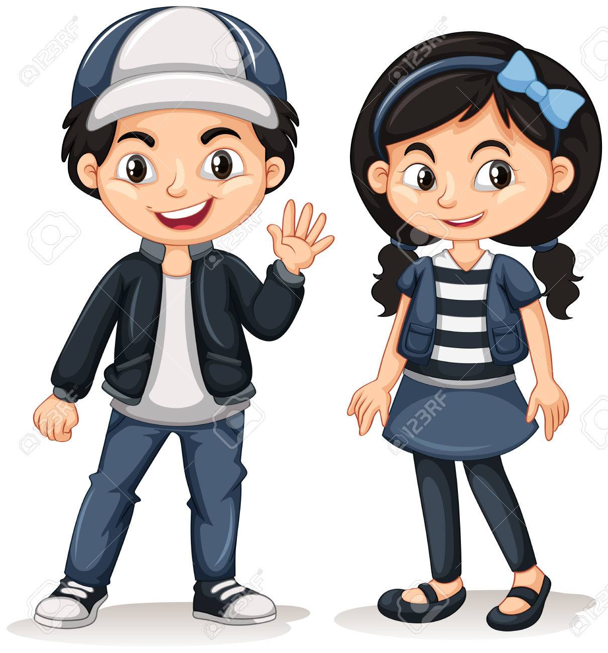Asiatischer Junge Und Madchen Winken Hallo Illustration Lizenzfrei Nutzbare Vektorgrafiken Clip Arts Illustrationen Image 77585103