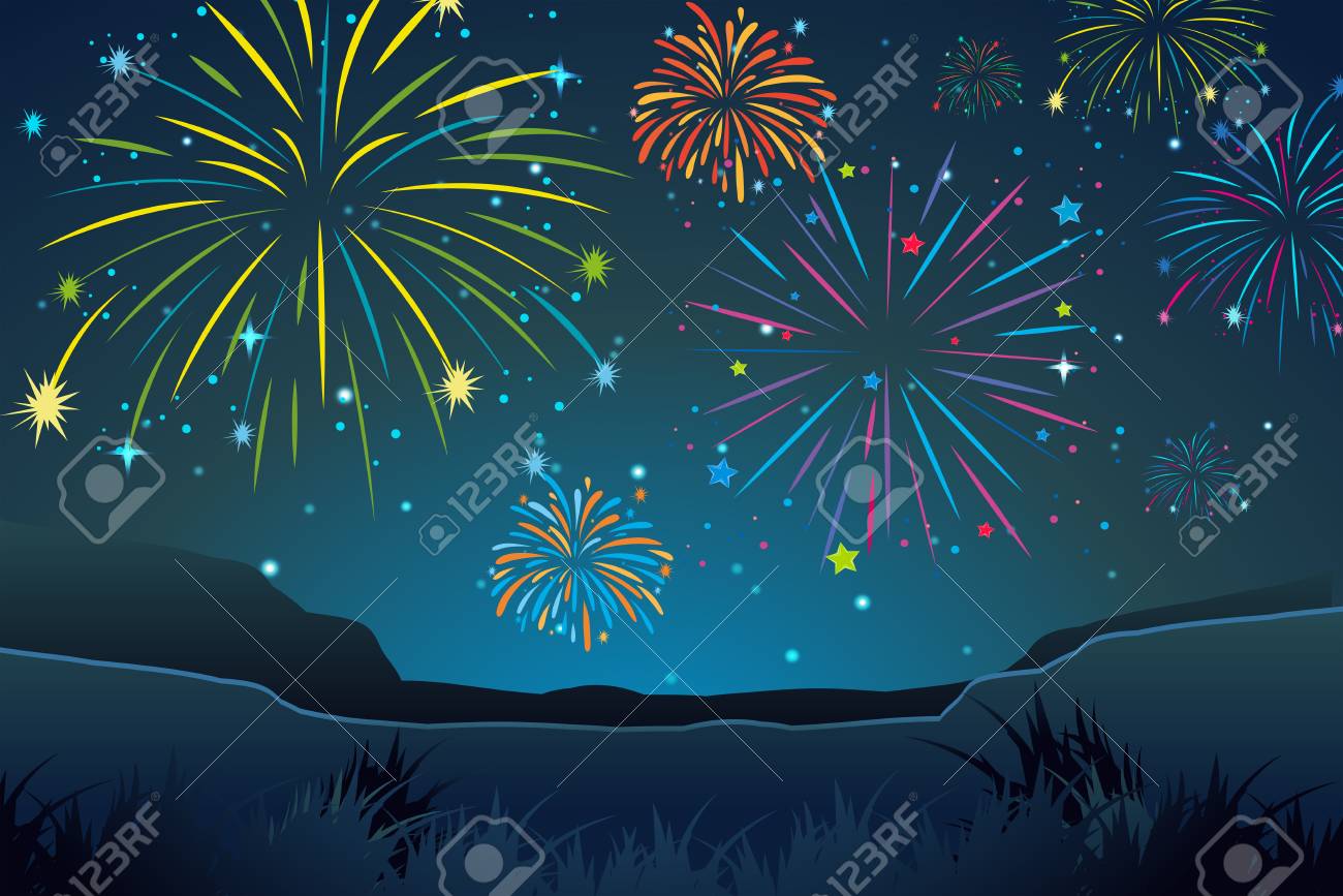 空の図の花火と夜景 のイラスト素材 ベクタ Image