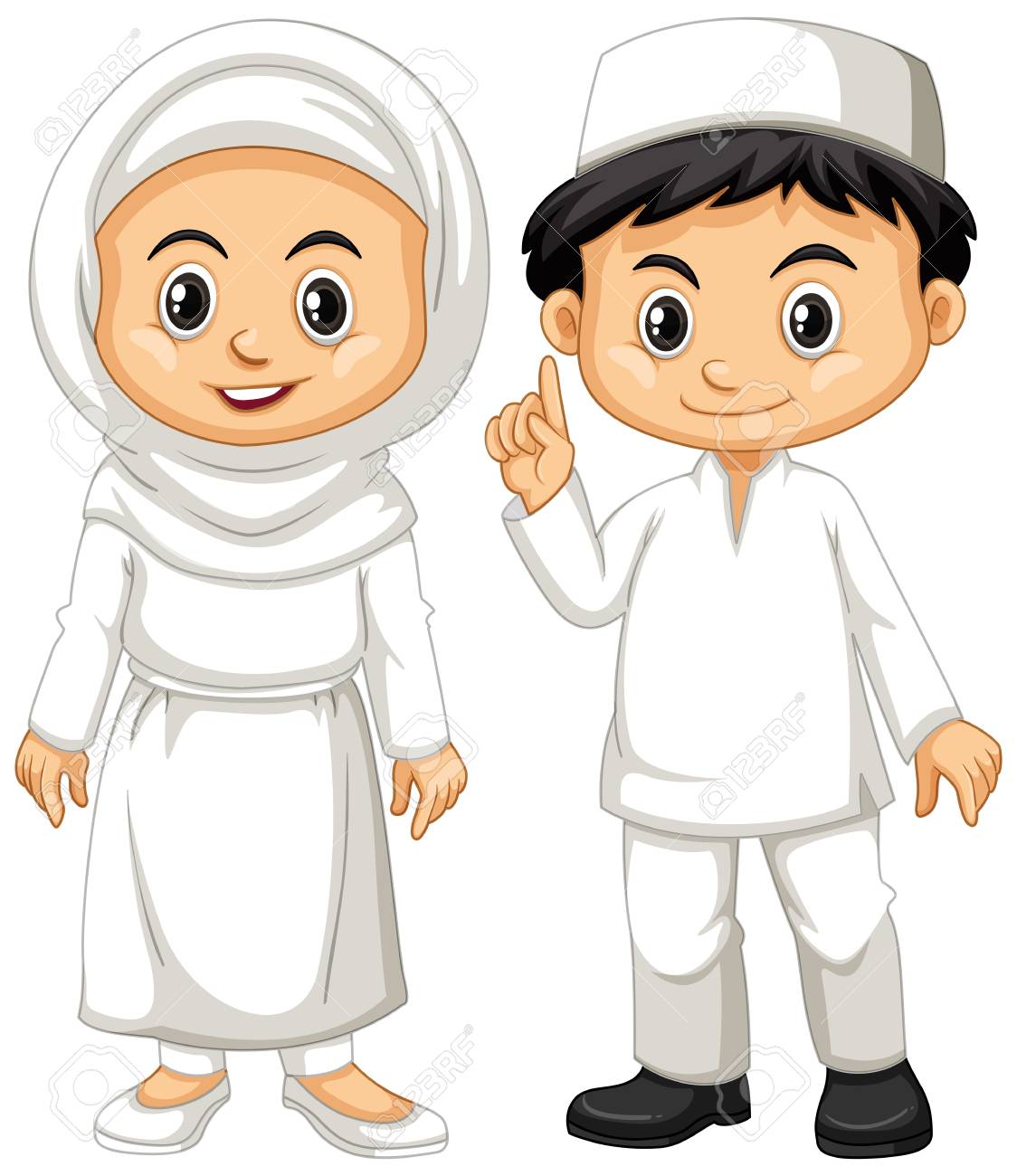 イスラム教徒の少年と白い服のイラストの女の子 のイラスト素材 ベクタ Image
