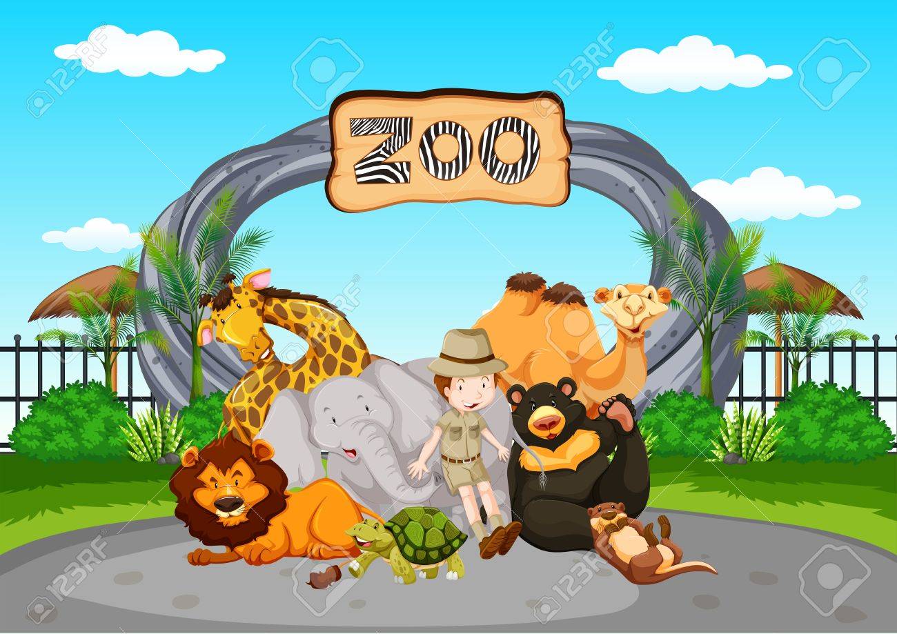 Scene at the zoo with zookeeper and animals illustration - 81697605 Scene at the zoo with zookeeper and animals illustration - 81697605