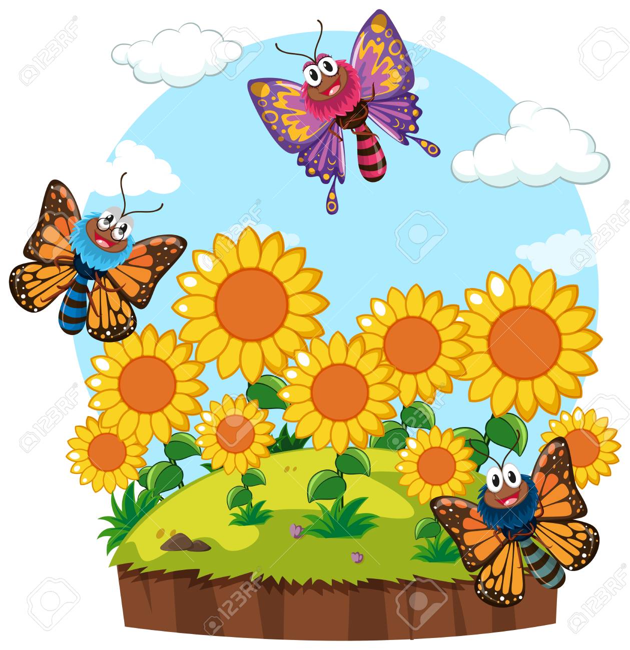 Garden Scene With Butterflies In Sunflower Garden Illustration ...