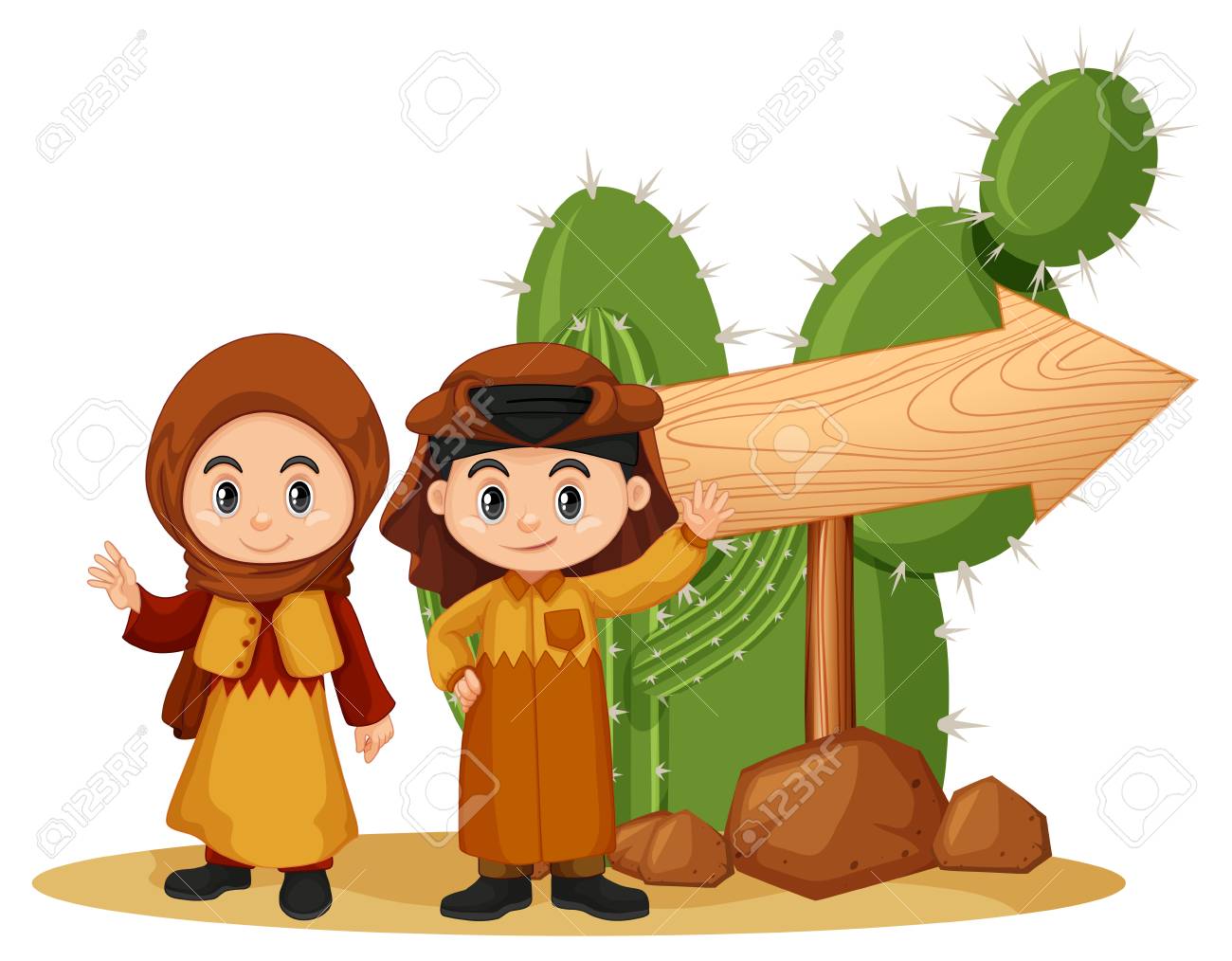 wooden sign template with kids in arab clothes illustration royalty