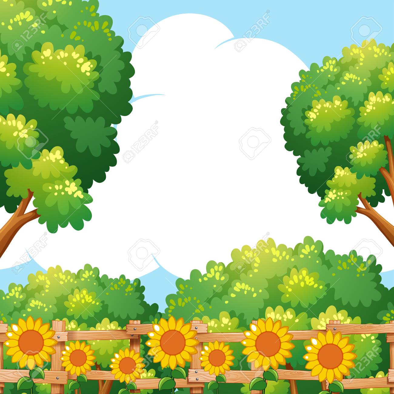 Background scene with sunflowers in garden illustration.