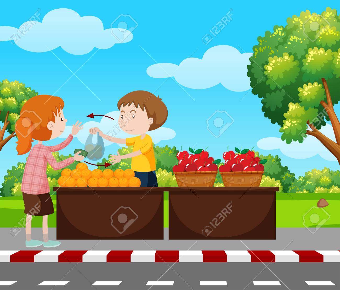 Boy Selling Fruits On Pavement Illustration. Royalty Free SVG, Cliparts,  Vectors, and Stock Illustration. Image 90455625., image size:1300x1109