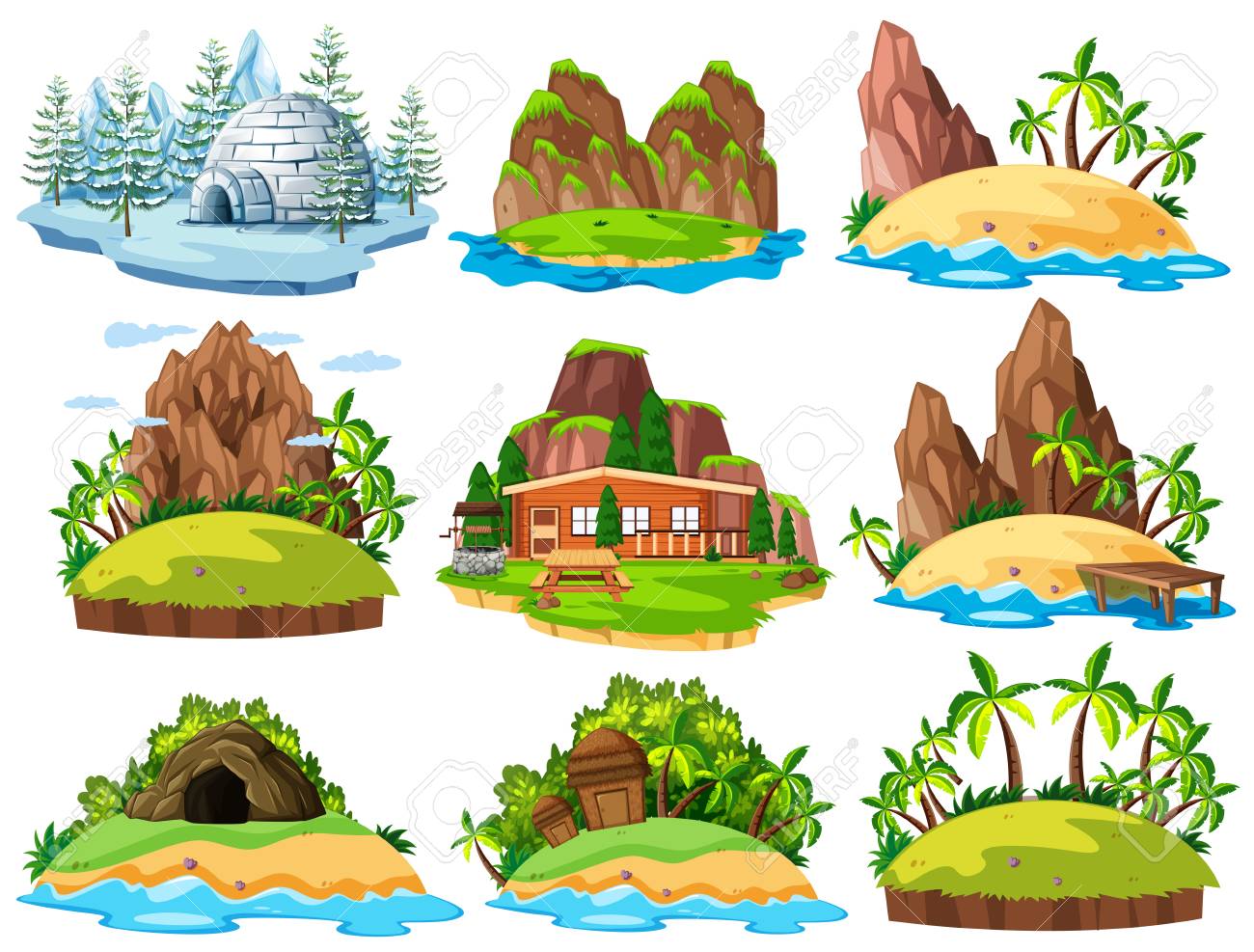 島のイラストに異なる建物や物事のイラスト素材 ベクタ Image 島のイラストに異なる建物や物事のイラスト素材 ベクタ Image