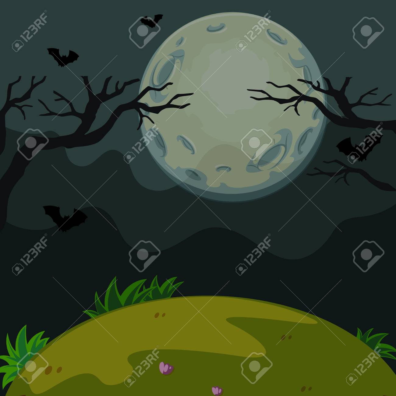 満月のイラストに怖い夜と背景シーンのイラスト素材 ベクタ Image