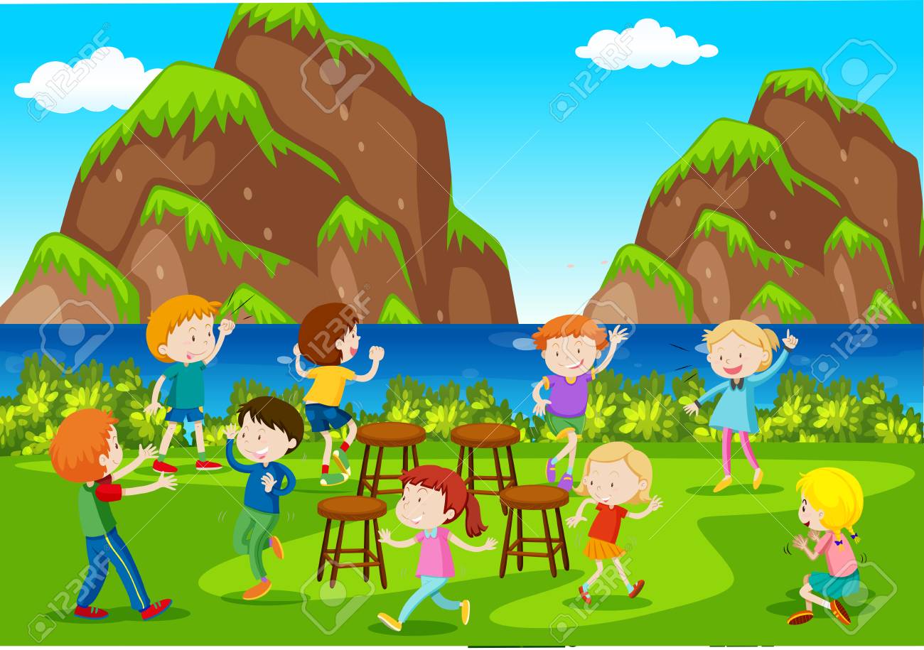 Una Escena De Fondo Con Ninos Jugando Musica Ilustracion Sillas Ilustraciones Vectoriales Clip Art Vectorizado Libre De Derechos Image 96116906