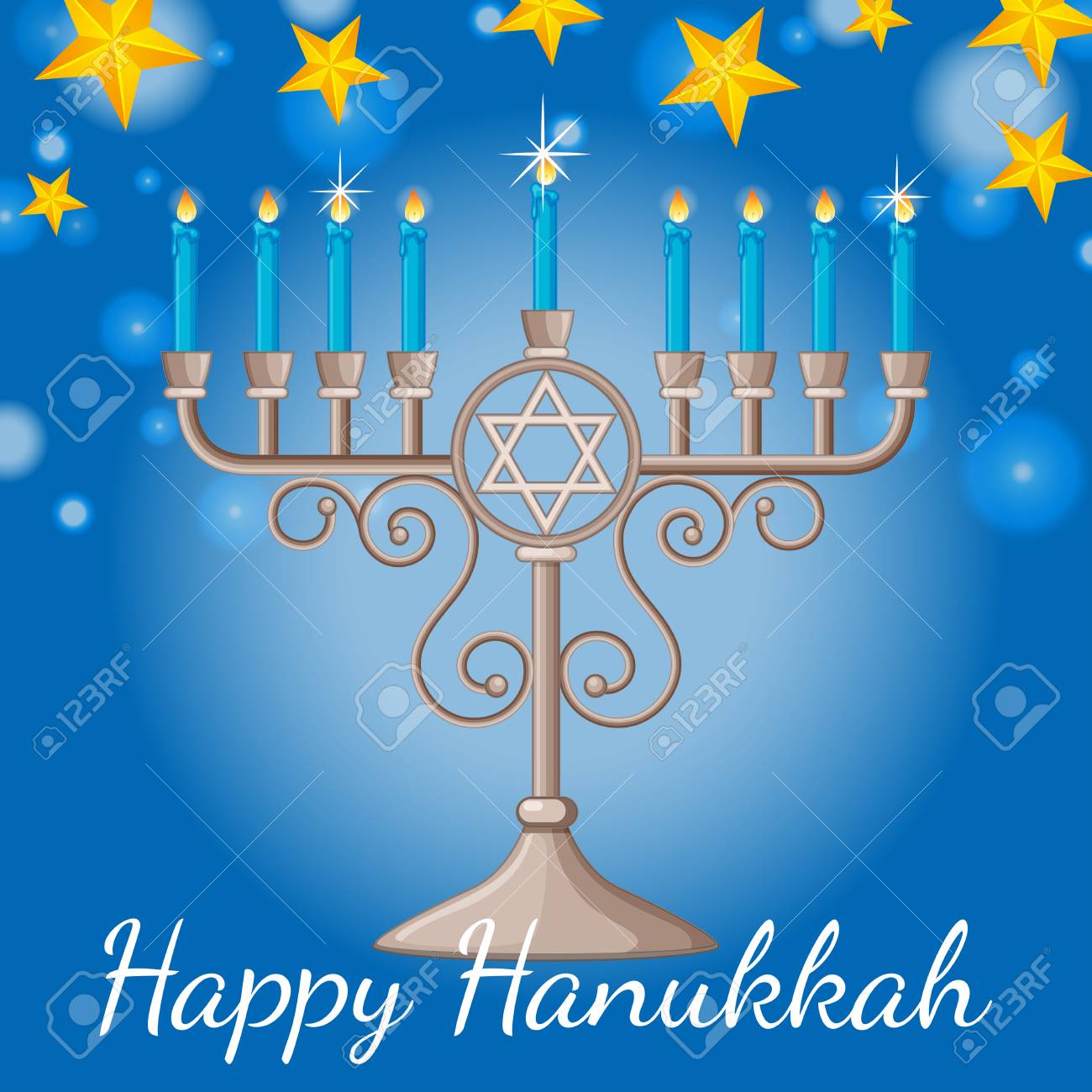 happy hanukkah card with blue candles and stars at night hannukah card