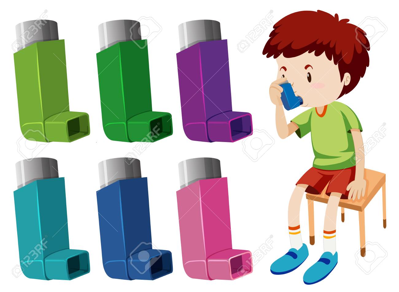 Boy with asthma with different asthma inhalers illustration - 102127121 Boy with asthma with different asthma inhalers illustration - 102127121
