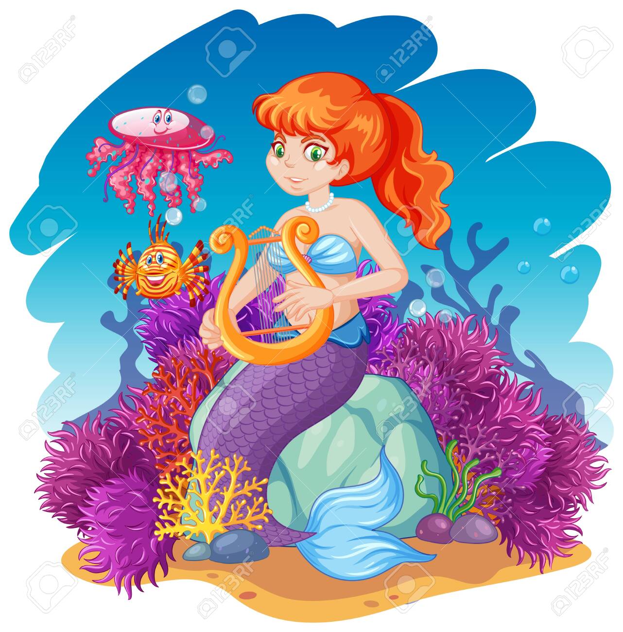 Mermaid And Sea Animal Theme Cartoon Style On Under Sea Background Royalty Free Cliparts Vectors And Stock Illustration Image