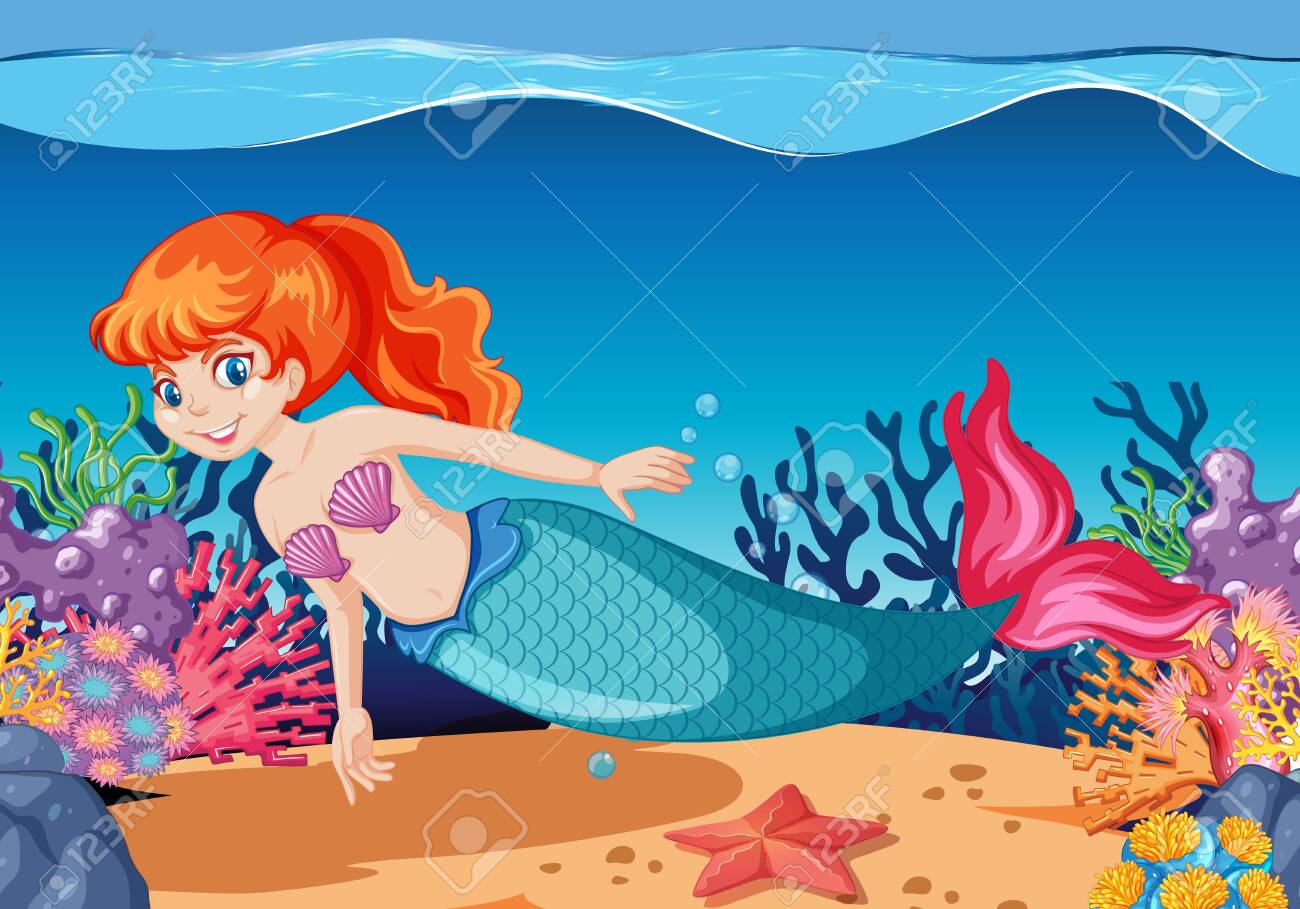 Cute Mermaid Cartoon Character Cartoon Style On Under Sea Background Illustration Royalty Free Cliparts Vectors And Stock Illustration Image