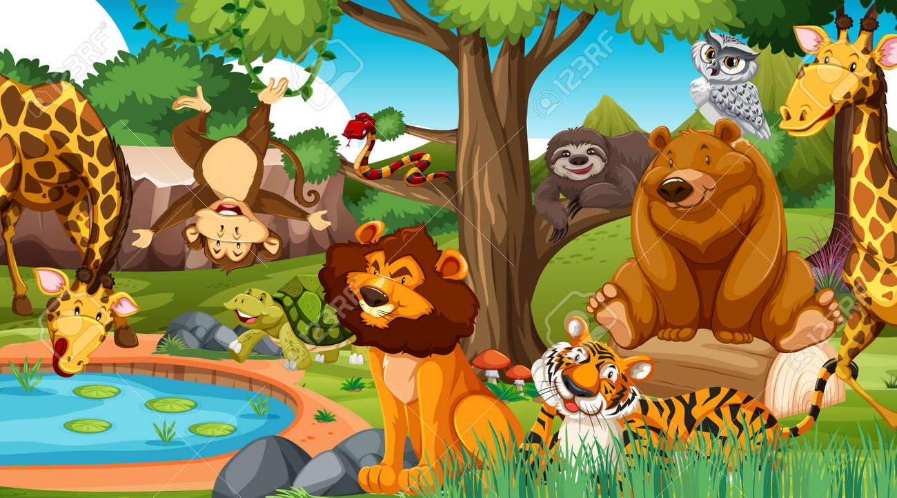 Wild animals in the jungle illustration - 165873393 Wild animals in the jungle illustration - 165873393