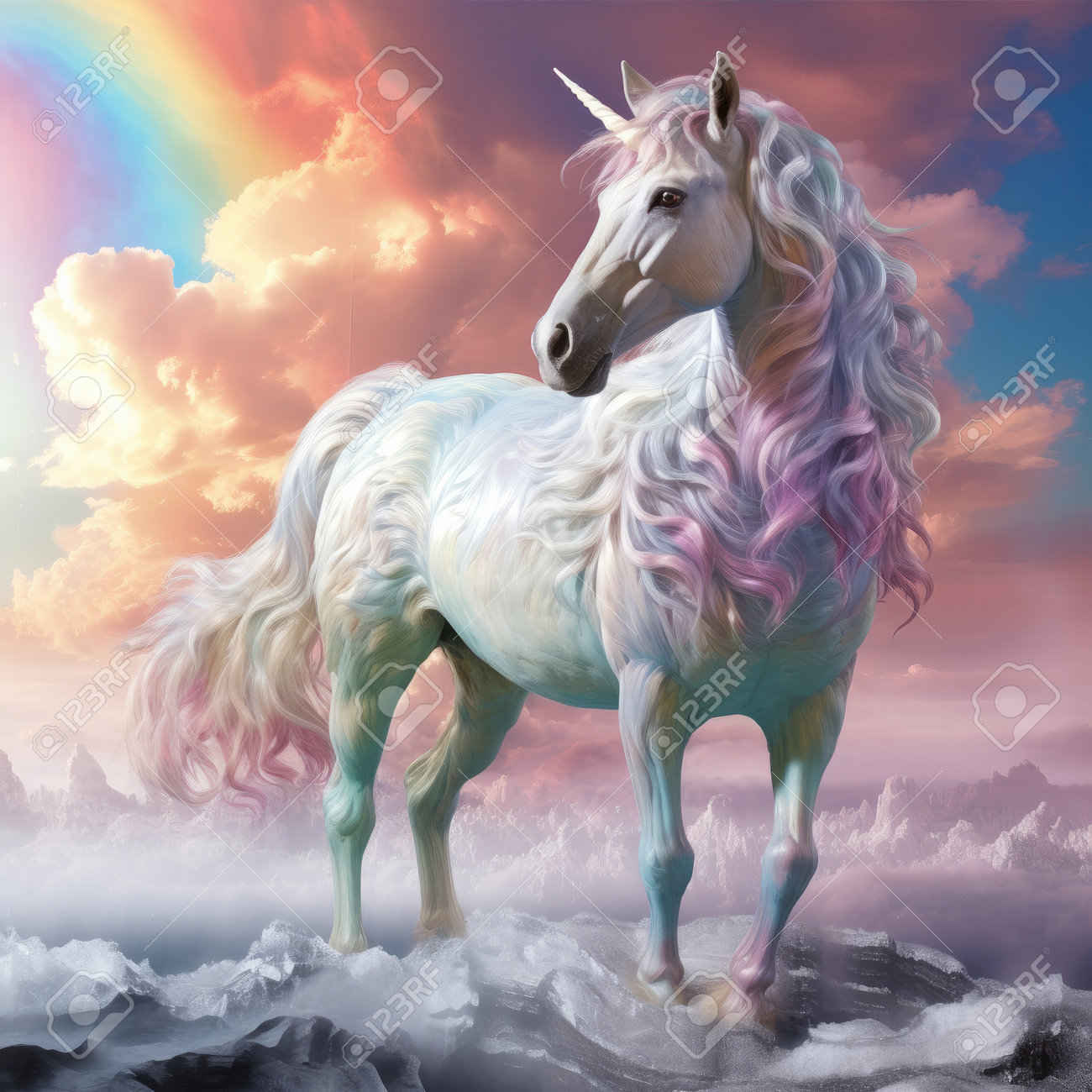 幻想的な虹のパステルカラーの背景に魔法の角と目を持つ神秘的な