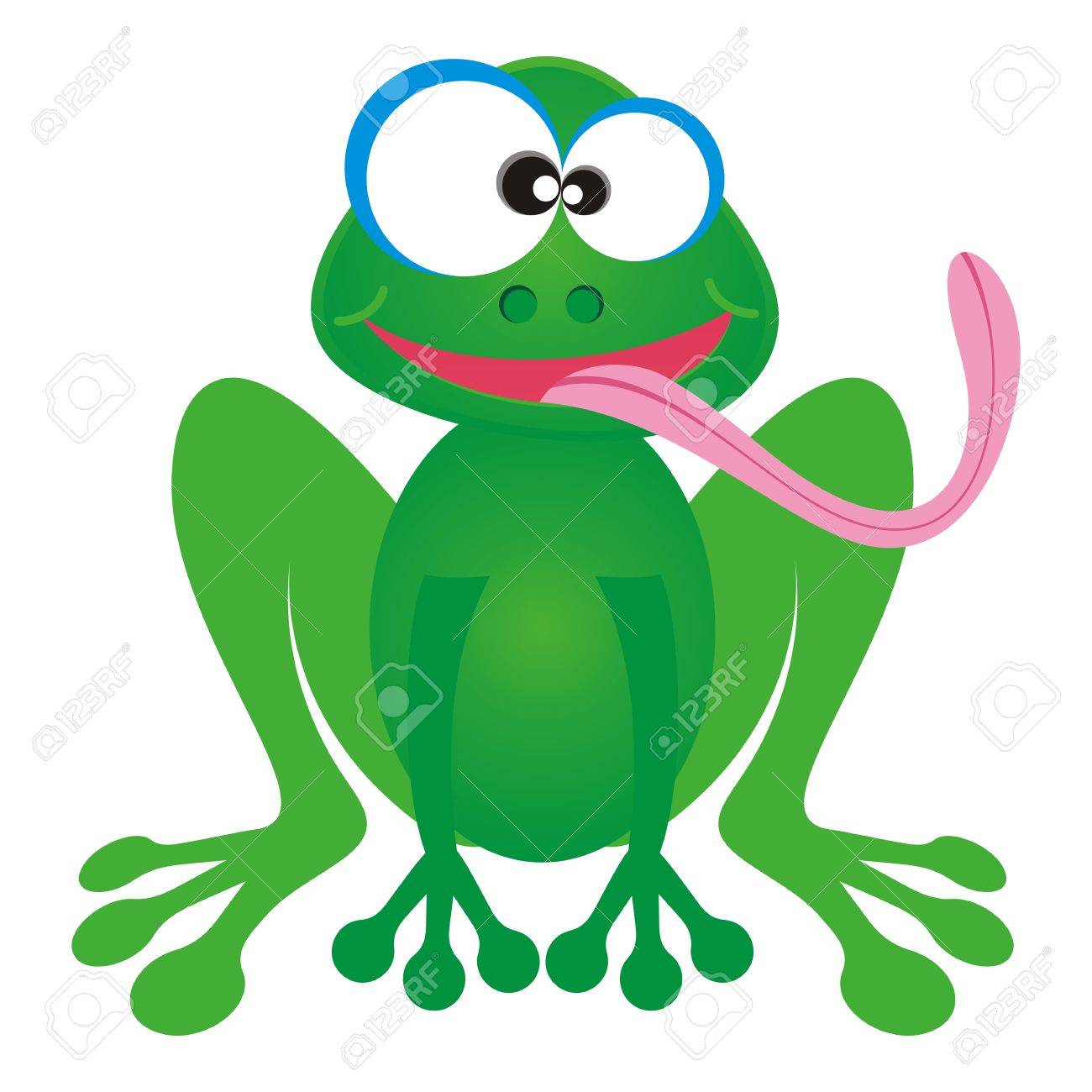 長いピンクの舌で幸せの緑のカエルの漫画のキャラクターのイラスト素材 ベクタ Image