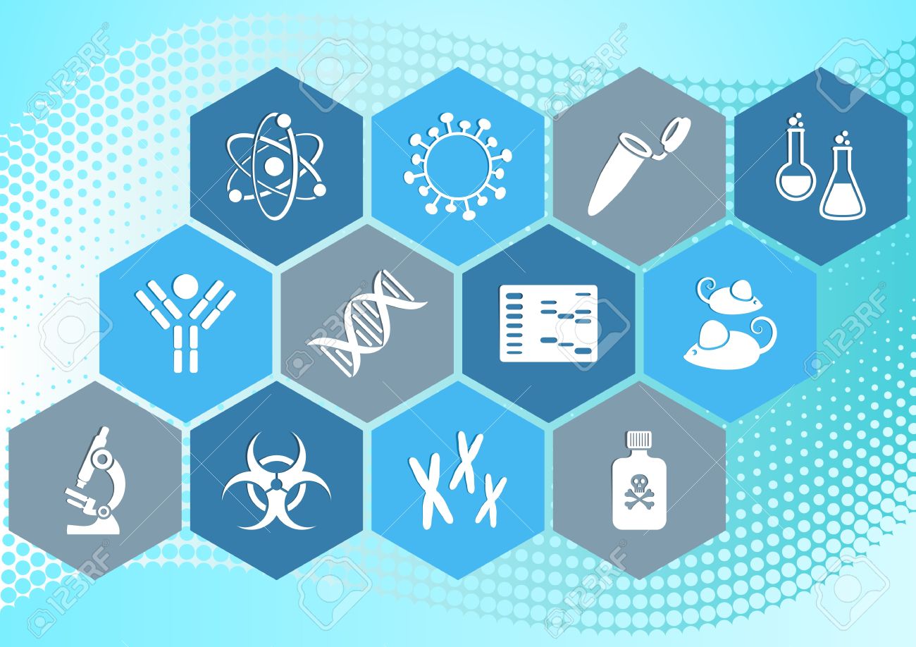 modern molecular biology science icons collection in hexagons