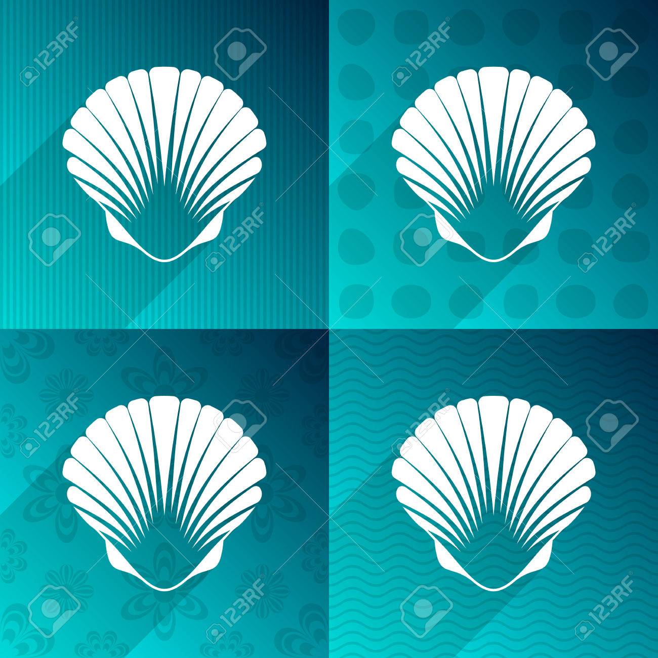 長い影を青緑色の背景に白いホタテ貝殻 のイラスト素材 ベクタ Image