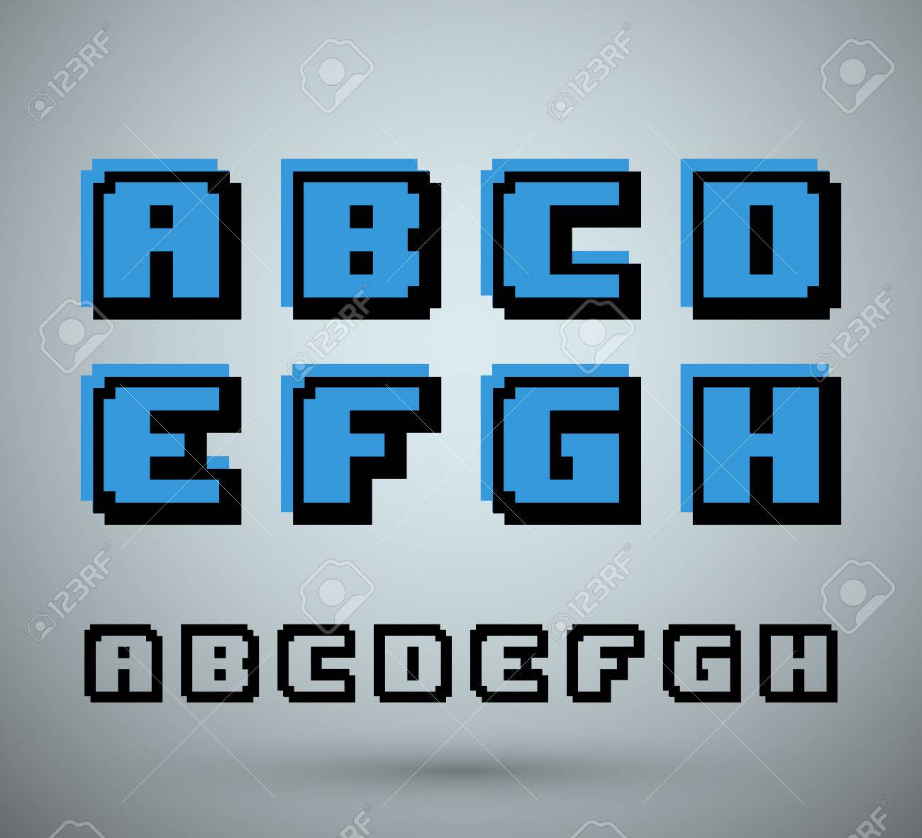 ピクセル フォントのアルファベット 古いビデオゲームの設計 文字 A B C D E F G H ベクトル イラスト のイラスト素材 ベクタ Image