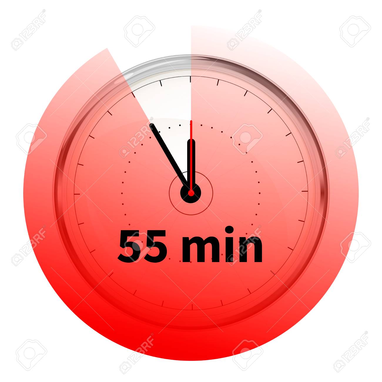 realistic clock face with fifty five minutes timer isolated on five minutes timer